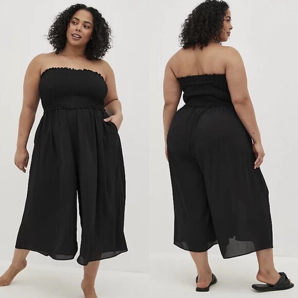 Torrid Womens NWT Black Crop Wide Leg Crepe Midi Smocked Coverup Jumpsuit Sz 6X - Picture 1 of 8